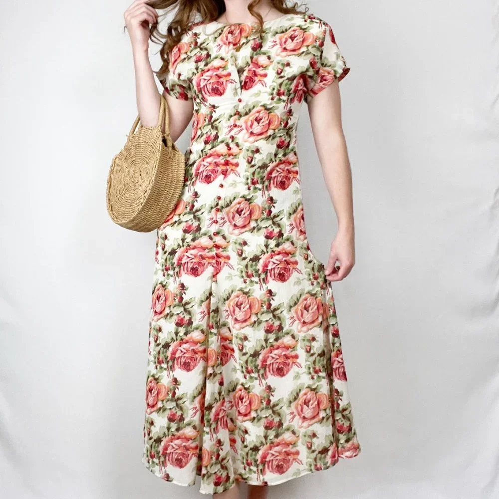 Vintage Floral Fit & Flare Pleated Button Up Midi Maxi Dress Spring Summer Sun - Picture 2 of 6